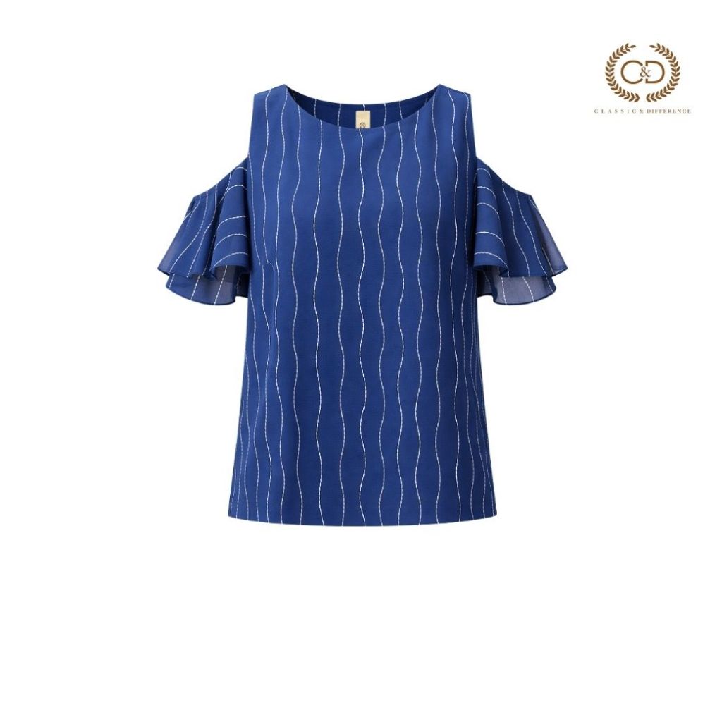 C&D Cotton Blouse เสื้อเบลาส์ คอกลม แขนเปิดไหล่ มีระบายที่แขน สีน้ำเงิน CY94NV