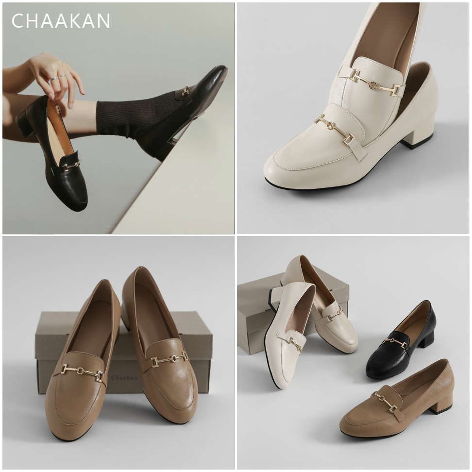 CHAAKAN [สินค้าจากเกาหลี 100%] Opening Horsebit Loafers โลฟเฟอร์ ส้น 3.5/6ซม.พื้นนุ่ม หนัง PU ใส่สบาย ลุคเรียบหรู เกาหลี