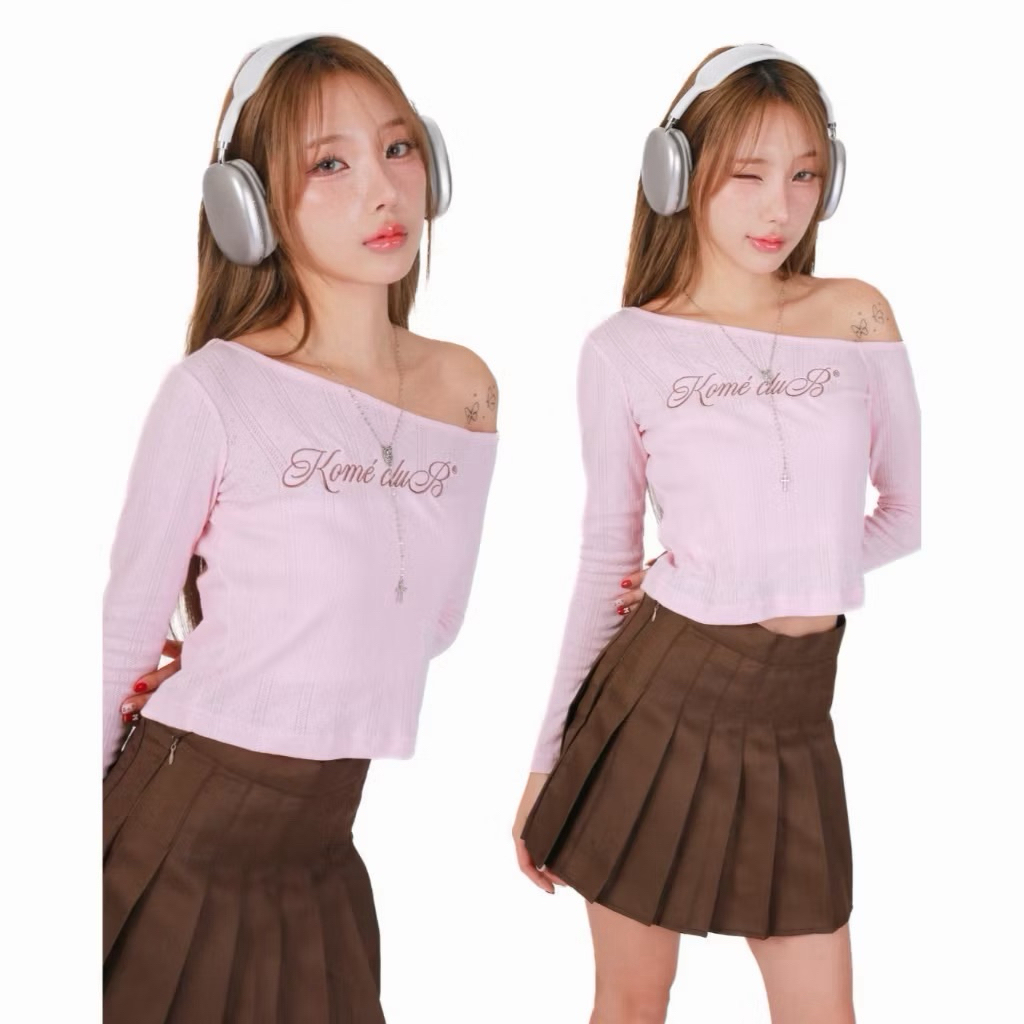 kome girl club เสื้อไหล่ตก รุ่น windy top สีชมพู ไซส์ XXL