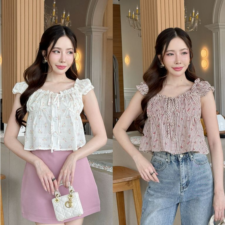[S-4XL] เสื้อครอปน่ารักผ้าชีฟองปักดอกสม็อคหลังกระดุมปั้มผูกโบว์หน้า