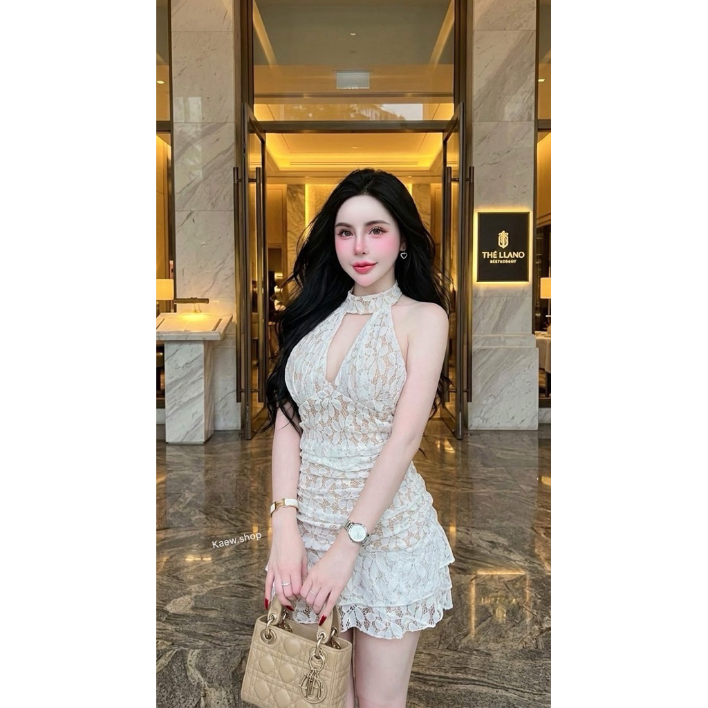 Phapassz - Setเสื้อคล้องคอเปิดหลัง มาคู่กับกระโปรงทรงระบายสองชั้น มี ซับในกางเกง #bk