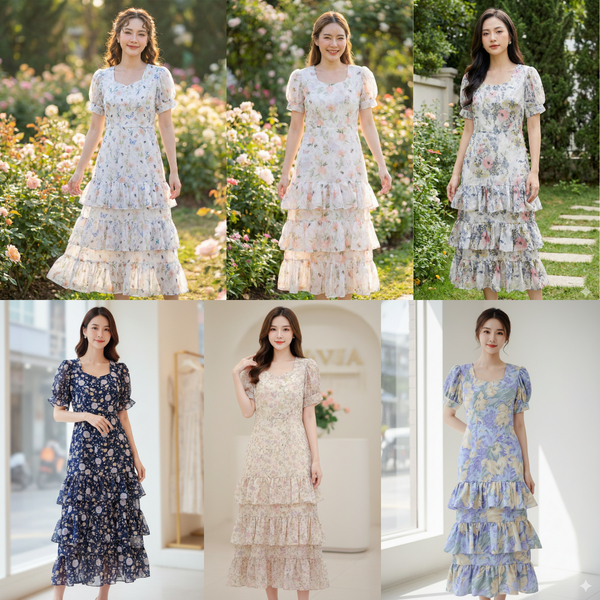 #317# Maxi Dress Layer รุ่นขนมชั้น ดีเทล อกหัวใจ แขนตุ๊กตาพองสวย