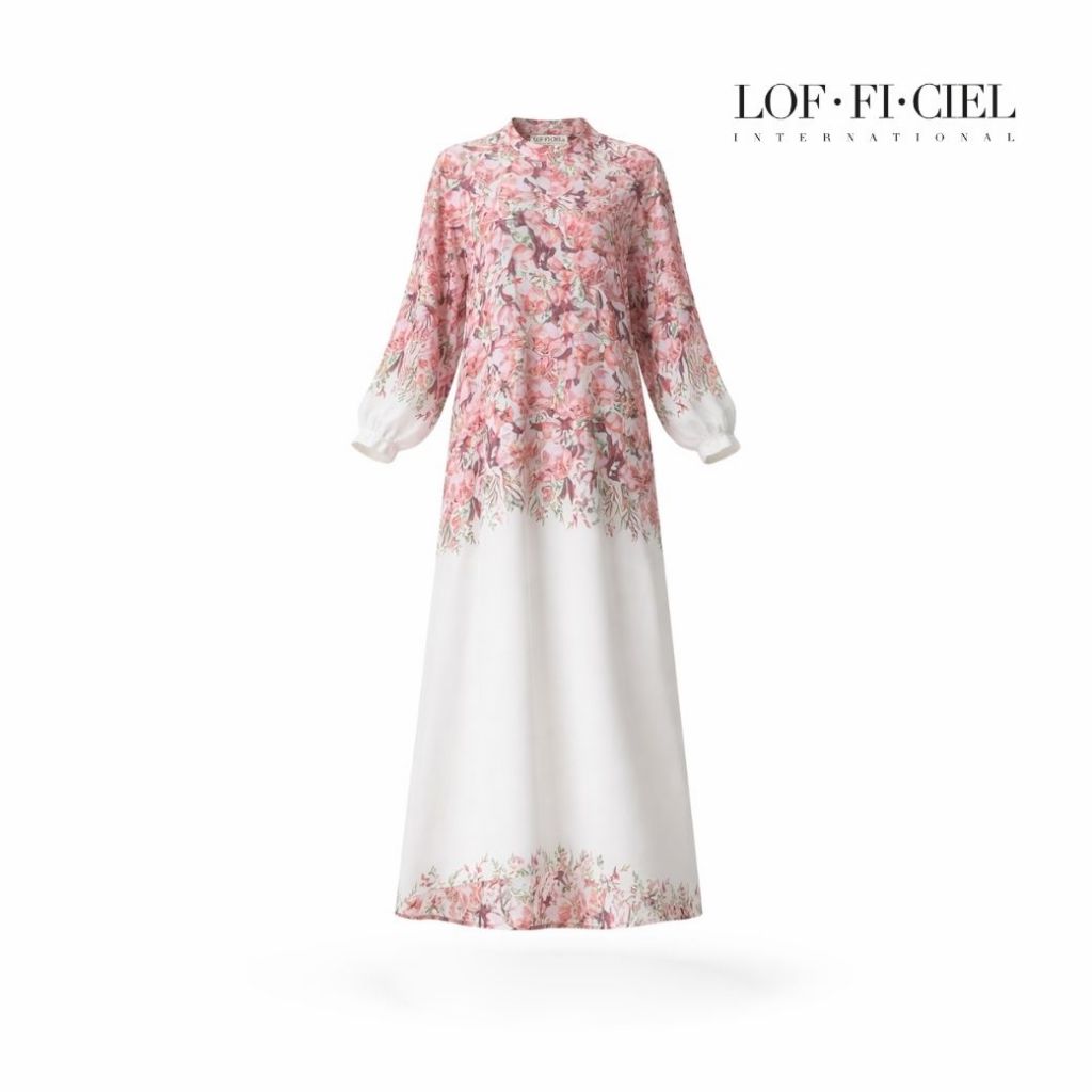 LOF-FI-CIEL Woman's Maxi Dress Castle Pink Rose เดรสยาว คอตั้ง ทรงหลวม แขนยาว สีขาว FZ2HWH
