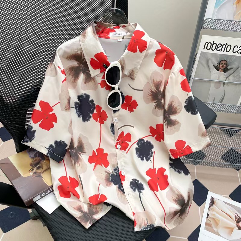 เสื้อสงกรานต์เสื้อเชิ้ตแฟชั่นผู้หญิงลายดอก แขนสั้น ติดกระดุมหน้า เสื้อคอปก ผ้าไหมอิตาลี เนื้อผ้าดีใส่สบาย พิมพ์ลาย