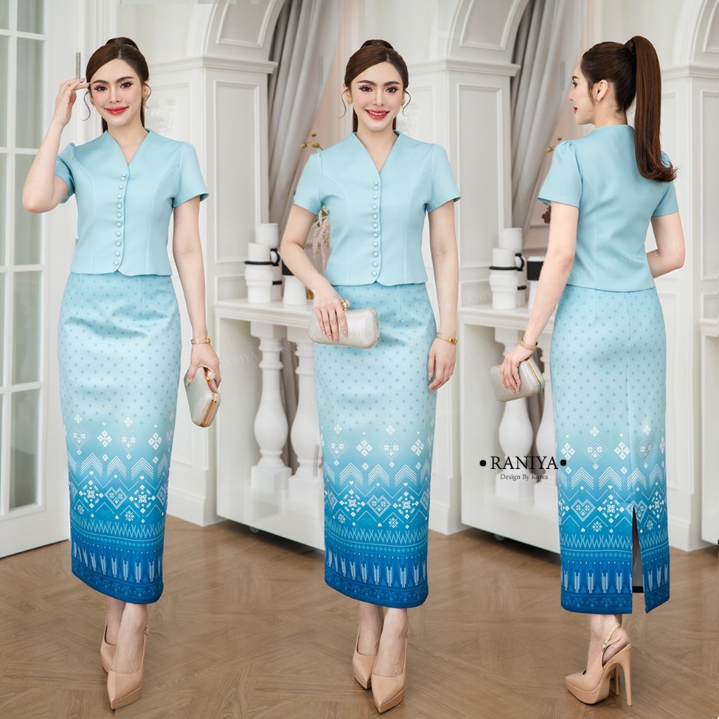 Sukunya 6797-3 : งานSet 2 ชิ้น (เสื้อ+กระโปรงยาว) งานผ้าโพลีเอสเตอร์สไลด์สี งานพิมพ์ลายแพรวา