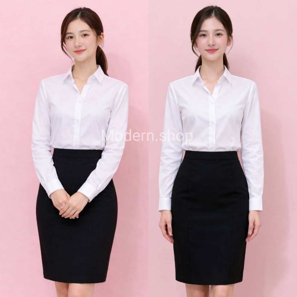 เสื้อเชิ้ตแขนยาวผู้หญิงสีขาว เสื้อเชิ้ตทำงานผู้หญิงแขนยาว