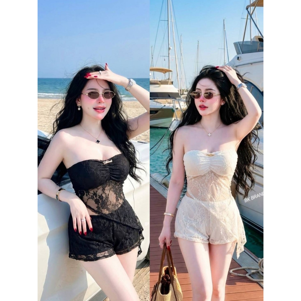 >>BK BRAND<< BK 92179  เซตเกาะอกผ้าลูกไม้เฉียง งานเสริมฟองน้ำ  ติดเข็มกลัดbk มาพร้อมกางเกงขาสั้นมี