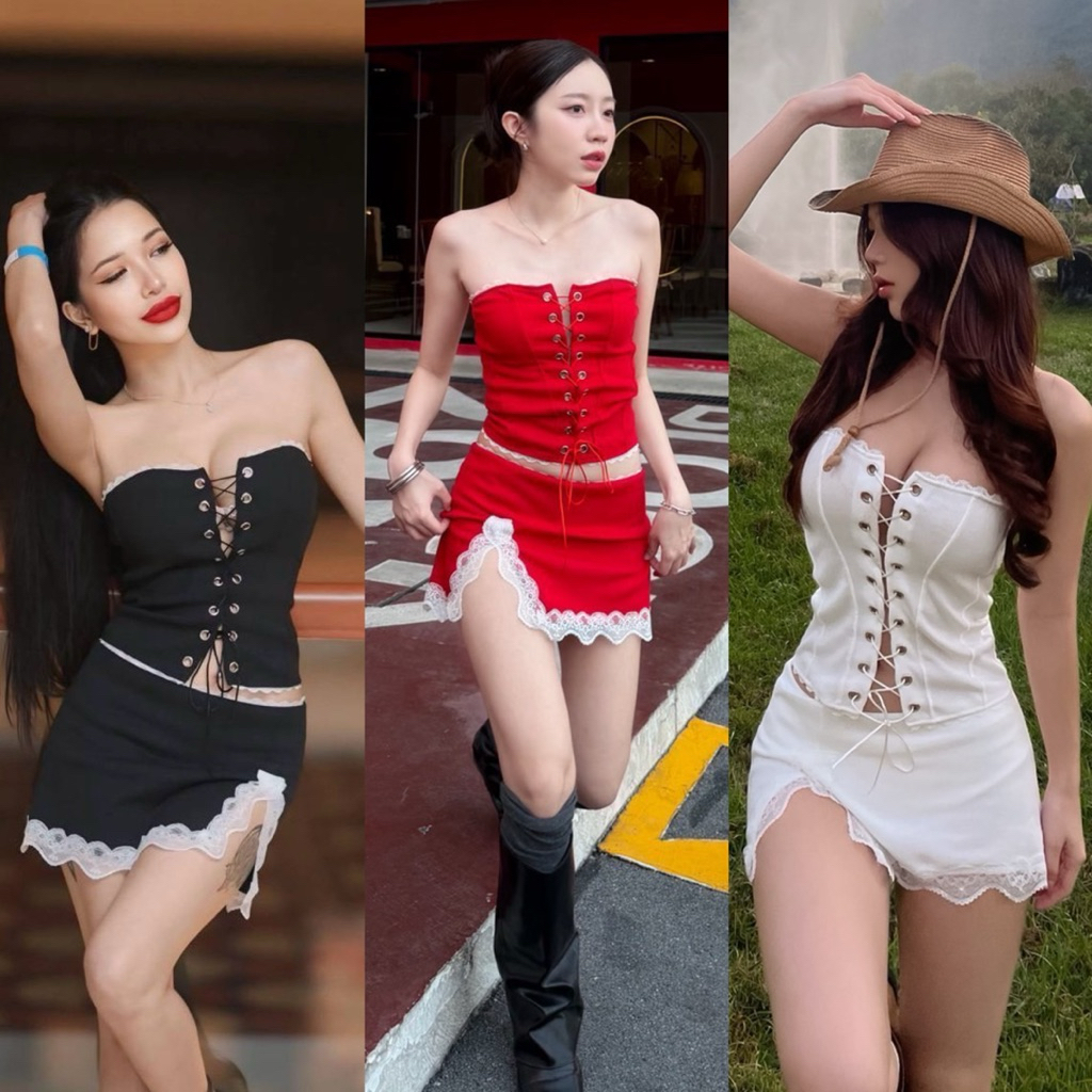 set genz เกาะอกตาไก่ร้อยเชือกแต่งลูกไม้+ กระโปรง mini skirt ผ่าหน้าแต่งลูกไม้ bykim