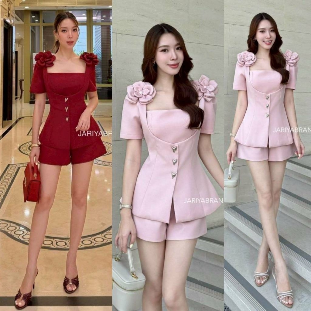 (S-XL) Jariya ชุดเซ็ท4ชิ้นเสื้อคอยยูแขนสั้น+กางเกงขาสั้น+เข็มกลัดดอกไม้2ดอก