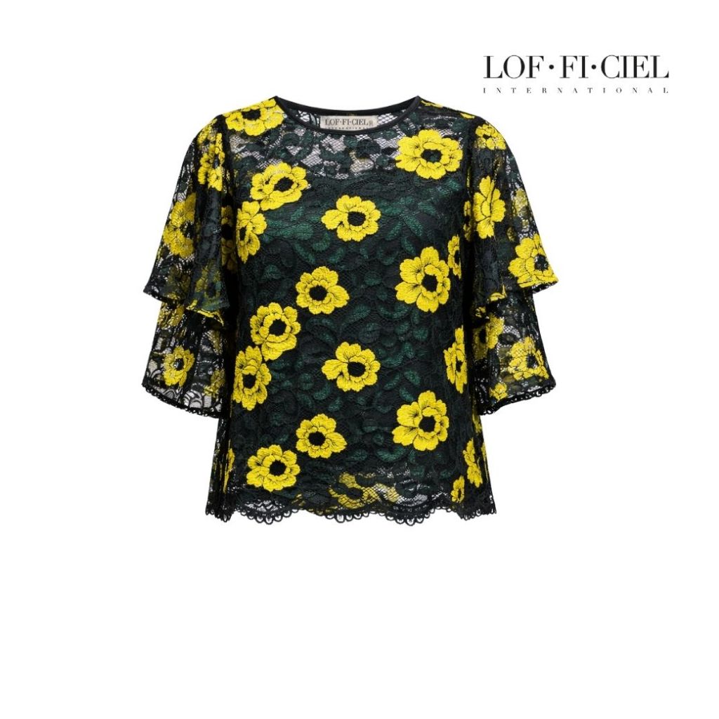 LOFFICIEL เสื้อเบลาส์ ผ้าลูกไม้ สีดำ FR35DR