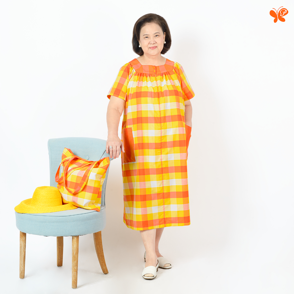 ชุดเดรสผู้สูงอายุ/คุณแม่ให้นม Margareta Dress ลายผ้าขาวม้าไทย ซิปยาวด้านหน้ามีกระเป๋า(Signora Series/Silver Age Fashion)