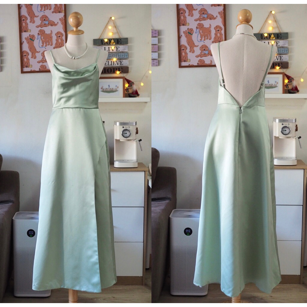 เดรสยาวสายเดี่ยวสีเขียวอ่อนแบรนด์ JJ's House Size M