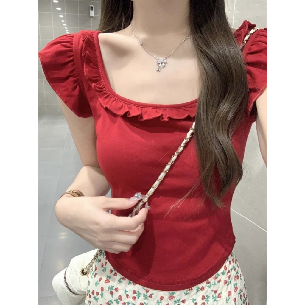 เสื้อแขนสั้นผู้หญิงสไตล์เกาหลีใหม่ คอทรง U มีไซส์ M-3XL ดีไซน์ไม่ซ้ำใคร สไตล์เกาหลี มีให้เลือกสองสี 