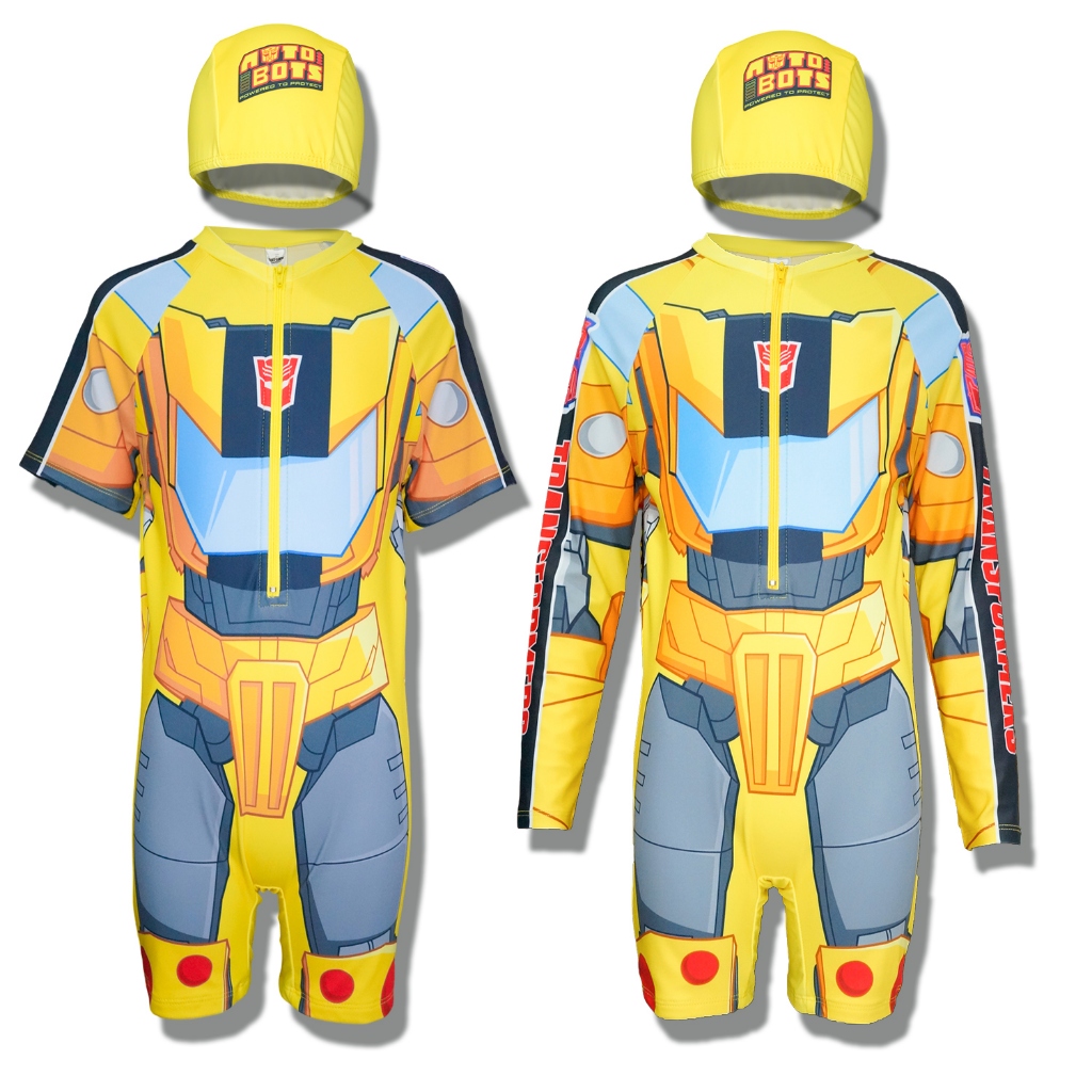 Transformers swimwear ชุดว่ายน้ำเด็กผู้ชาย ลายการ์ตูน ทรานฟอร์เมอร์ บอดี้สูท ลิขสิทธิ์แท้ เด็กโต แถมถุง และ หมวกว่ายน้ำ