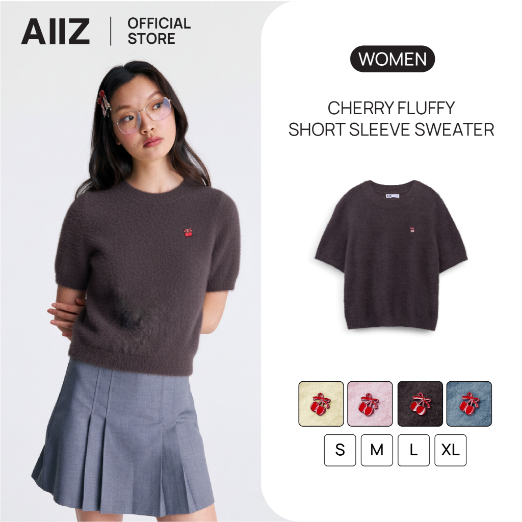 AIIZ เสื้อคอกลมผู้หญิงแขนสั้น ผ้าถักขนนุ่ม AIIZ Women's Cherry Fluffy Short Sleeve Sweater
