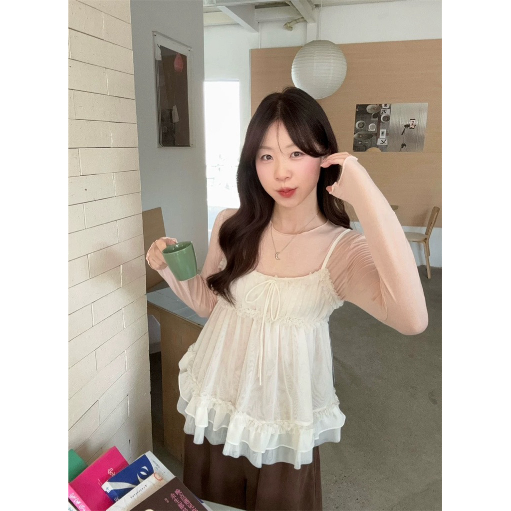 set เสื้อแขนยาว+สายเดี่ยวระบายผ้าซีทรู
