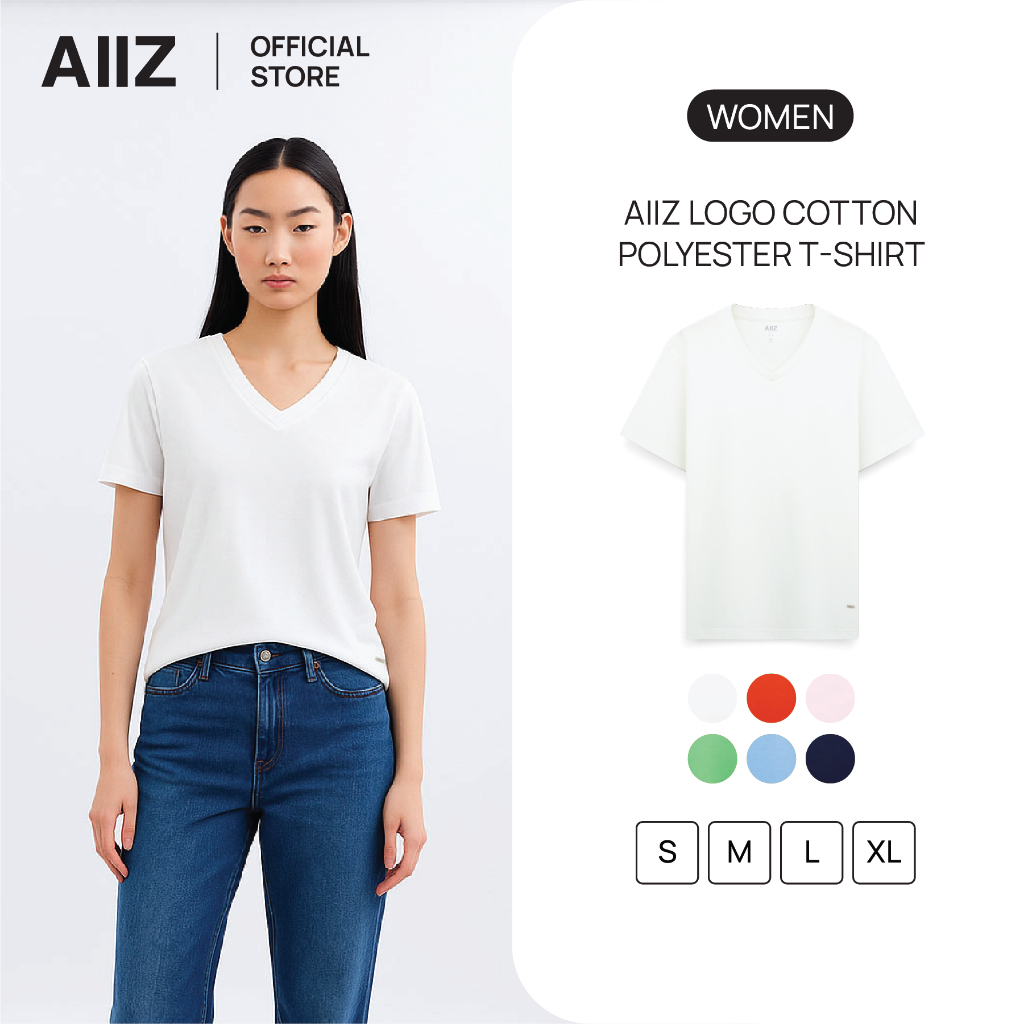 AIIZ เสื้อยืดคอกลมผู้หญิงสีพื้น โลโก้ AIIZ Logo T-Shirts Cotton Polyester