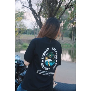 VINTAGE FACTORY เสื้อยืด Cotton100% SUMMER VACATION - เทคนิคซิลค์สกรีน สีจมลงเนื้อผ้าติดแน่นทนนาน