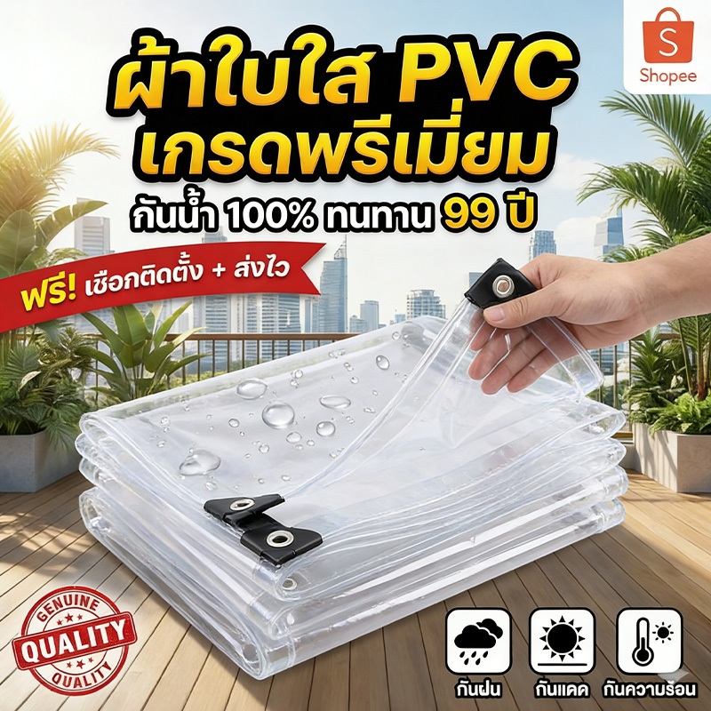 ผ้ายางใสกันฝน พลาสติกใส PVC หนา กันน้ำ 100% ฉนวนกันความร้อน กันลม ผ้าใบใส ผ้าใบกันฝน(มีตาไก่)PE