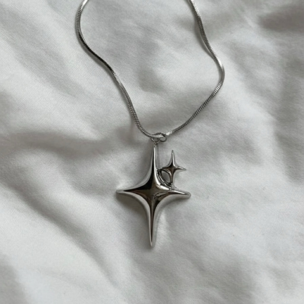 สร้อยคอจี้ดาว 3D สีเงิน ✨ สไตล์เกาหลี Y2K Minimal ใส่ได้ทุกวัน