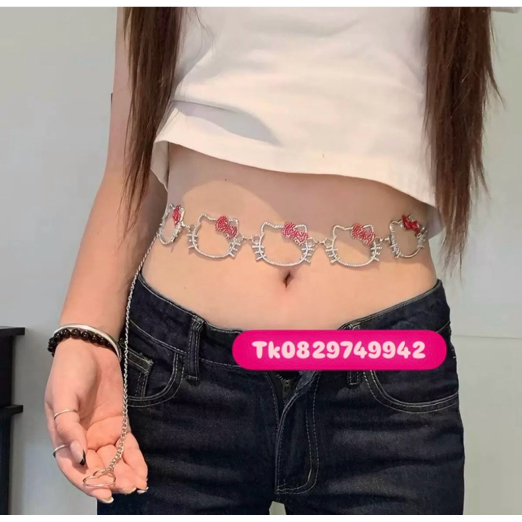 พร้อมส่ง สุดๆ จากไทย โซ่เอวโลหะ ย้อนยุคแฟชั่น เข้ากับทุกการแต่งกาย Hello Kitty เข็มขัดผู้หญิง เครื่องประดับ เพชร Y2K