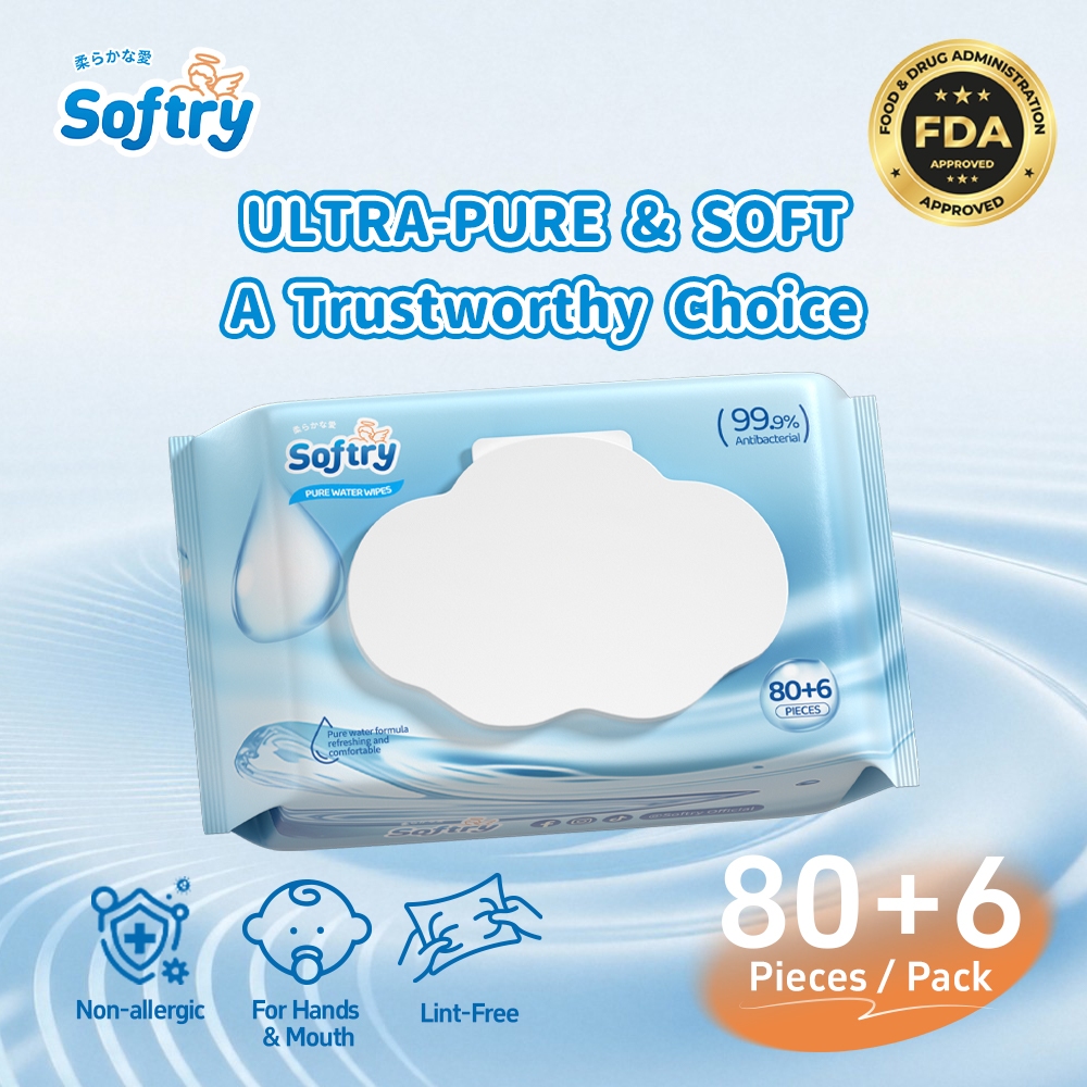 Softry ทิชชู่เปียก น้ำบริสุทธิ์ ผ้าใยสังเคราะห์ ธรรมชาติปลอดสาร เหมาะสำหรับผิวแพ้สูง  Baby Wipes
