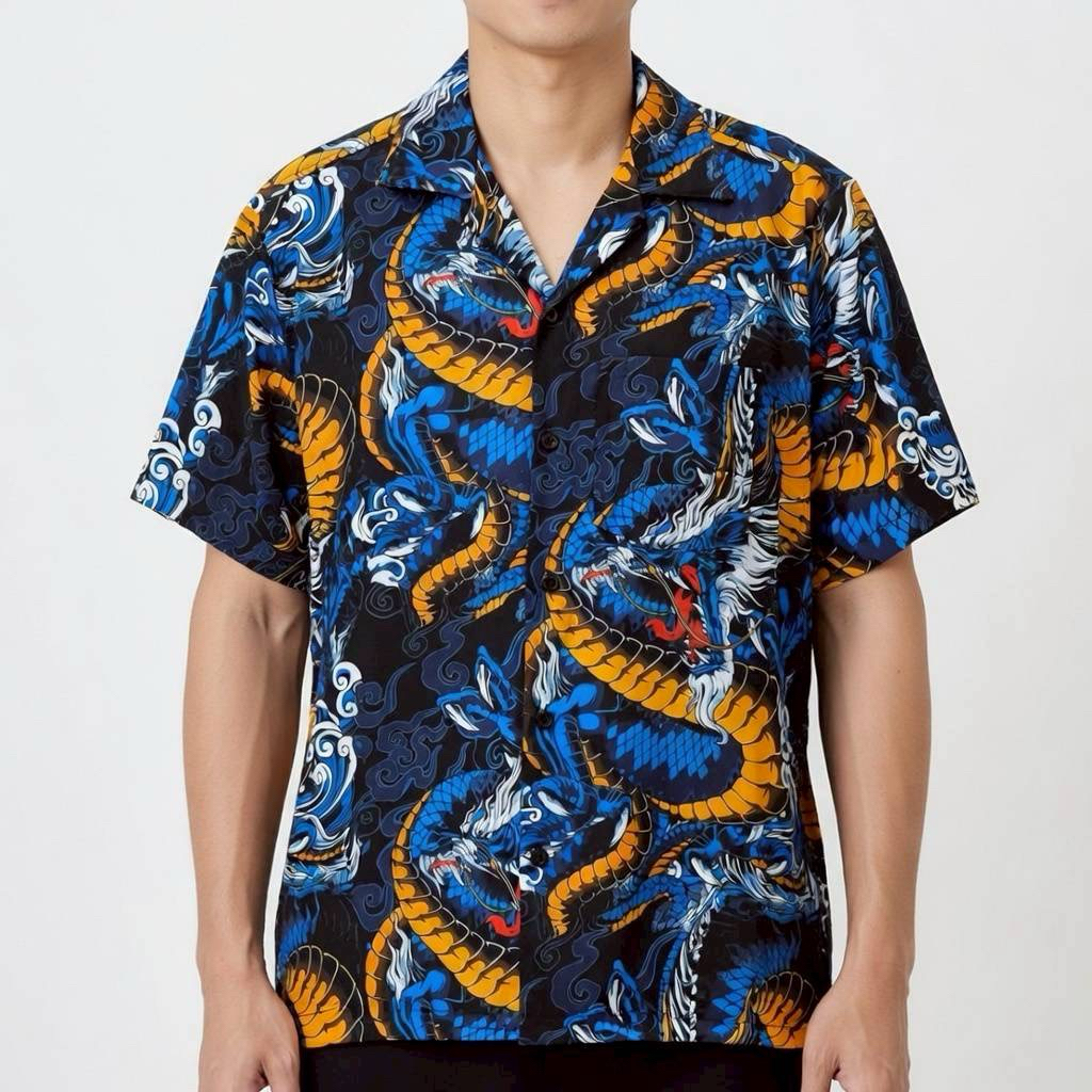 เสื้อเชิ้ตฮาวาย ลายมังกรฟ้า (พื้นสีดำ) ผ้าไหมอิตาลี