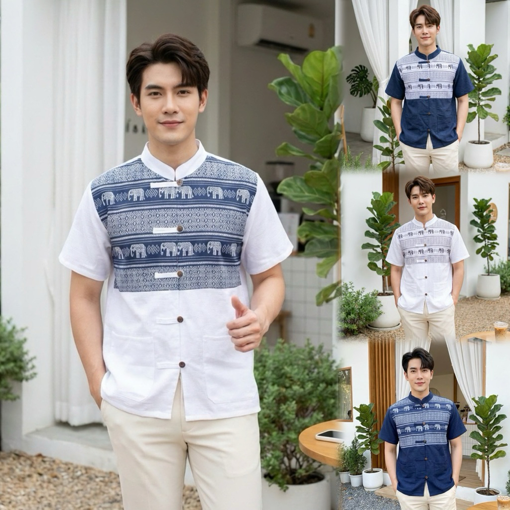 เสื้อพื้นเมืองผู้ชายคอจีน ลายช้างทูโทน