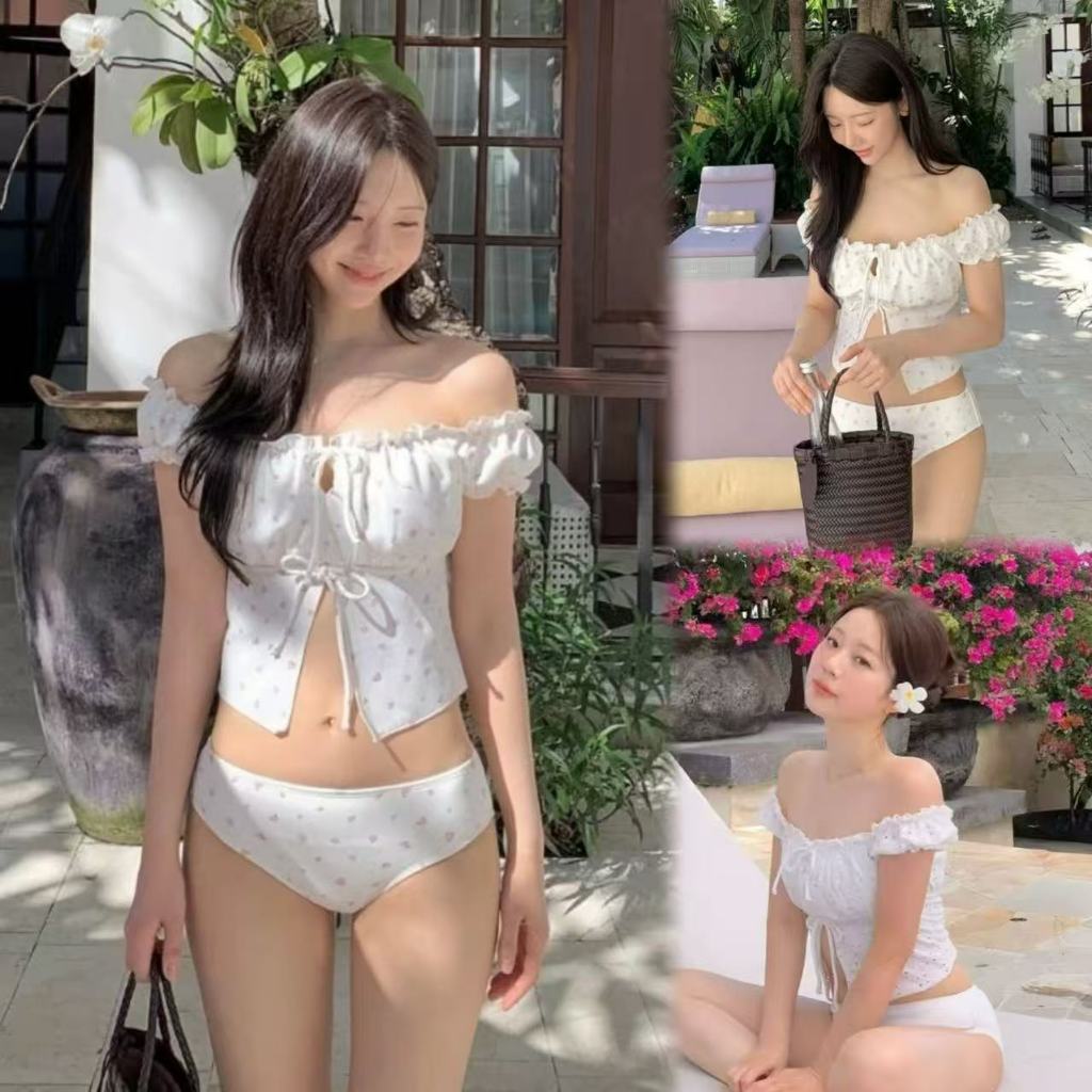 🌸Swift Bra🌸ชุดว่ายน้ำผู้หญิง ชุดว่ายน้ำแขนพอง 2 ชิ้น ดีไซน์กลวง ผูกโบว์ที่หน้าอก รุ่นใหม่ summer