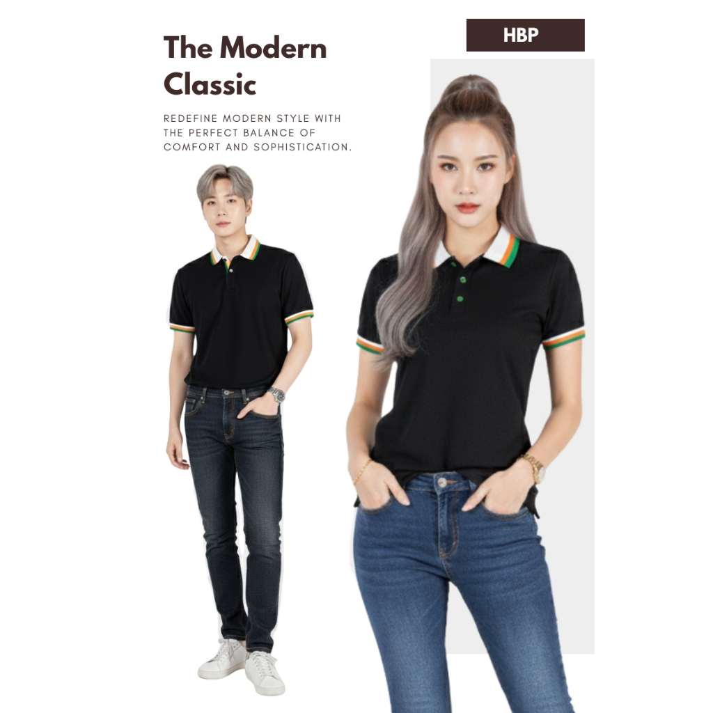 เสื้อโปโลสีดำ ปกครีม ขลิบเขียวส้ม แขนจั้ม ไม่ยืดไม่ย้วย ราคาสุดคุ้ม
