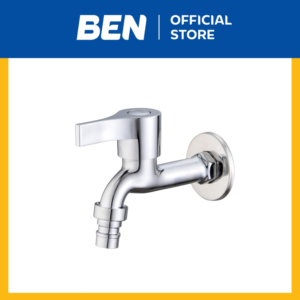 BEN A126-A3377 ก๊อกน้ำเย็นเดี่ยว มีข้อต่อสายยาง เป็นก๊อกสนามได้ สีโครเมียมเงางาม รับประกันวาล์วก๊อกน้ำไม่รั่วซึม 10 ปี