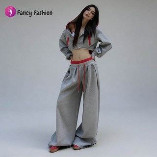 Fancy Fashion เซ็ตสูทสตรีต เสื้อครอปโชว์เอว กางเกงลาวส์สบายๆ สีเทา-แดง สไตล์ฮิตติดเทรนด์