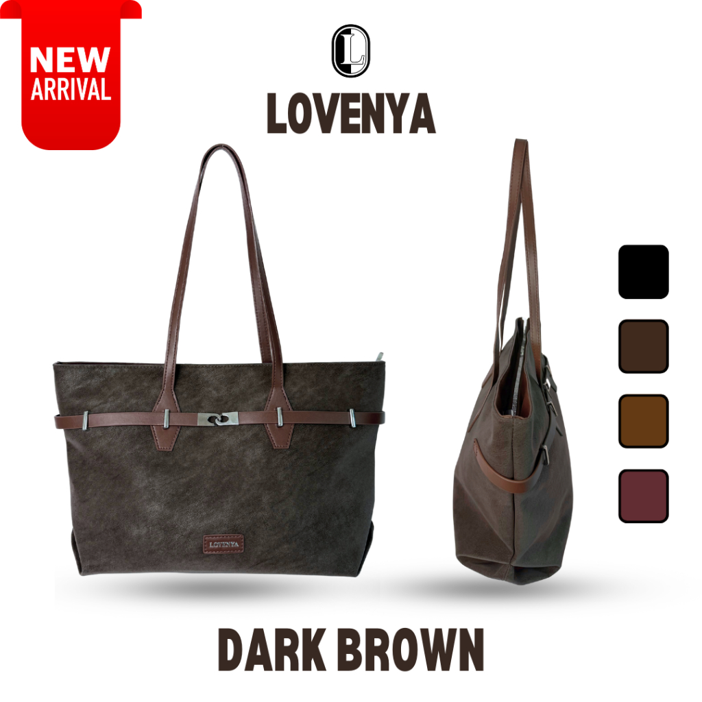 กระเป๋าหนัง PU แบรนด์ Lovenya รุ่น City Tote ใบใหญ่ทรงสี่เหลี่ยม สายนิ่ม ดีเทลเข็มขัด อะไหล่สีเงิน ใส่ ipad และเอกสารได้
