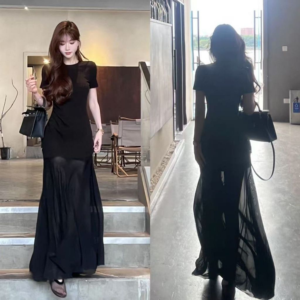เดรสยาวคอกลมผ้าตาข่ายสีดำคุณภาพสูงสำหรับผู้หญิง เดรสยาวทรงเข้ารูปแขนสั้นเรียบง่ายสำหรับฤดูร้อน