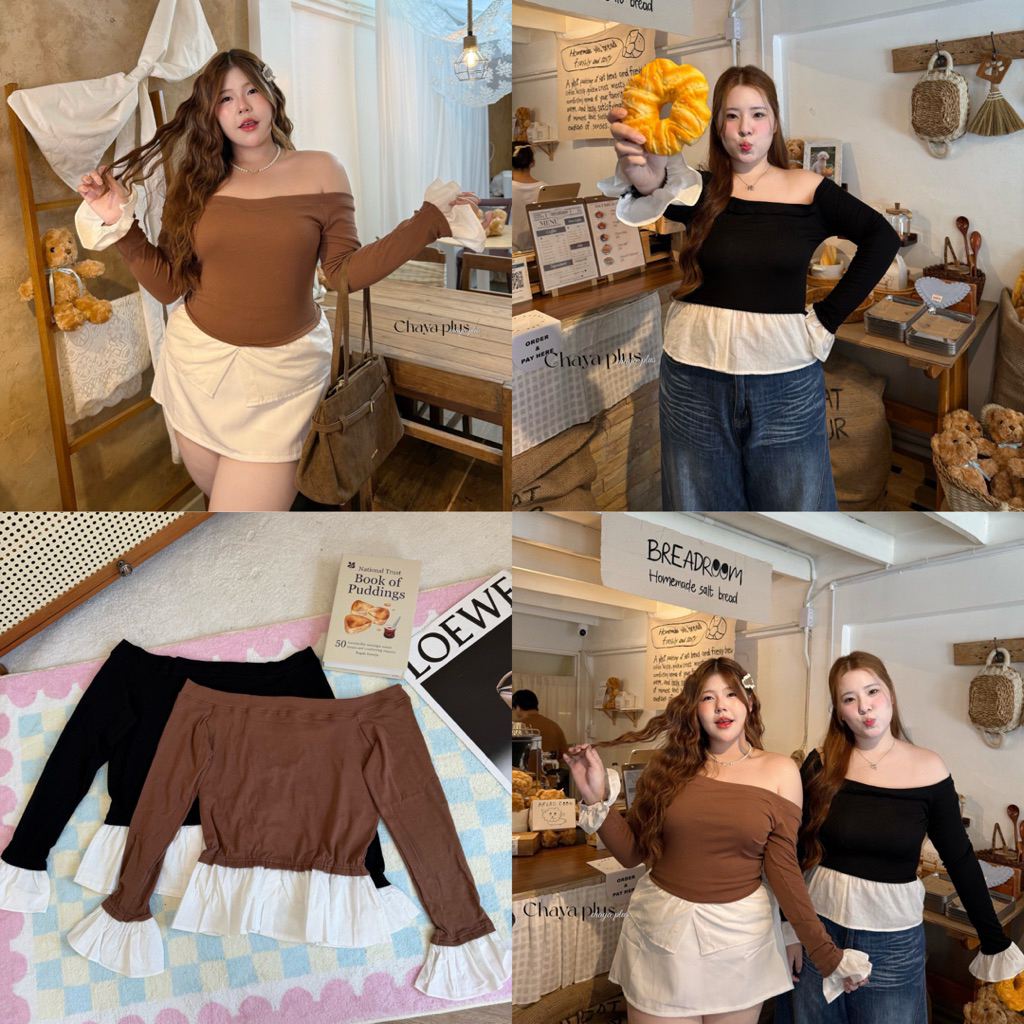 Chaya plus เสื้อครอปแขนยาว งานปาดไหล่แต่งชายพร้อมข้อมือ