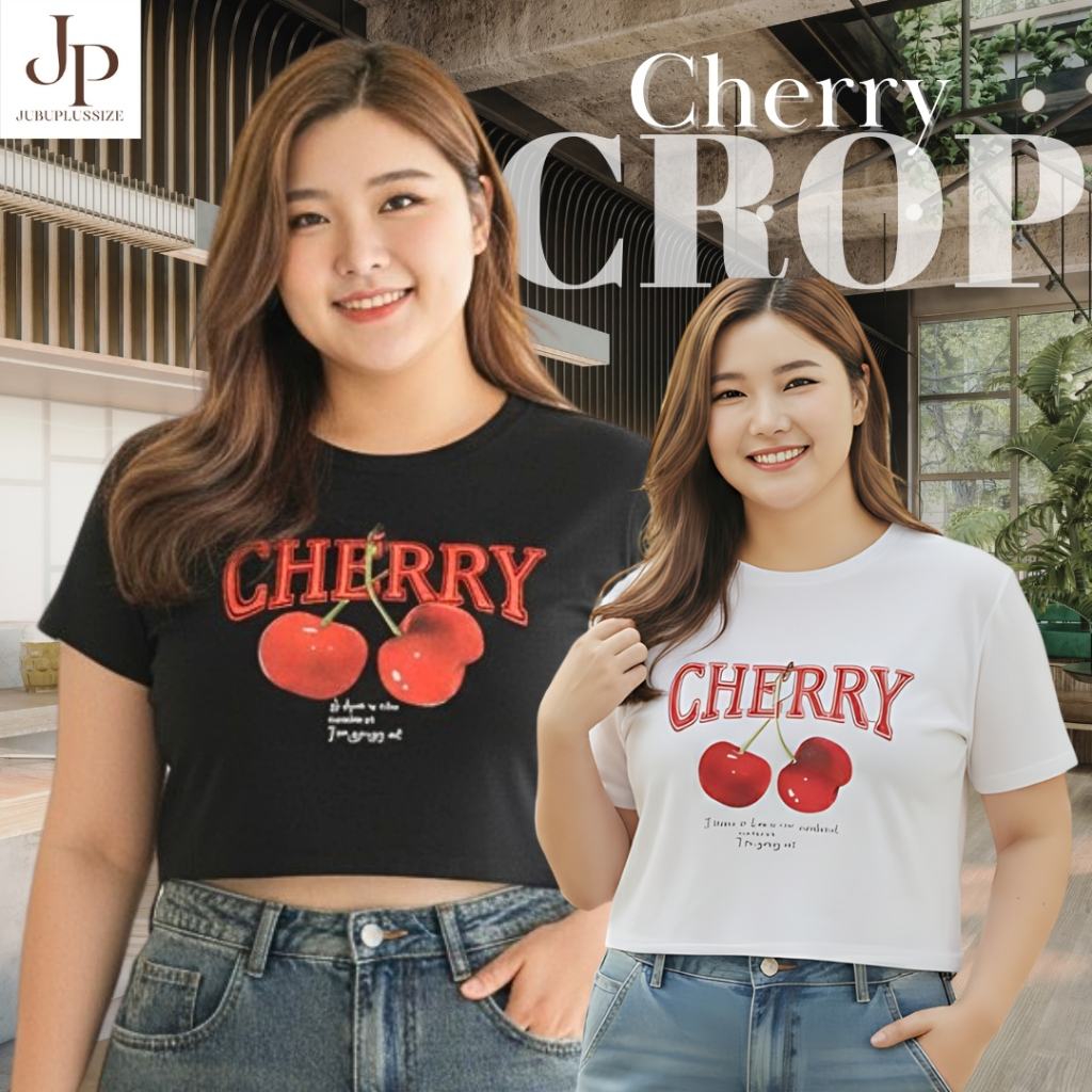 ส่งด่วน!🛵เสื้อครอปคอกลม Baby Tee สาวพลัสไซส์ ลายเชอรี่น่ารักๆสไตล์มินิมอล ผ้ายูนิโคล อก34-46นิ้ว#585