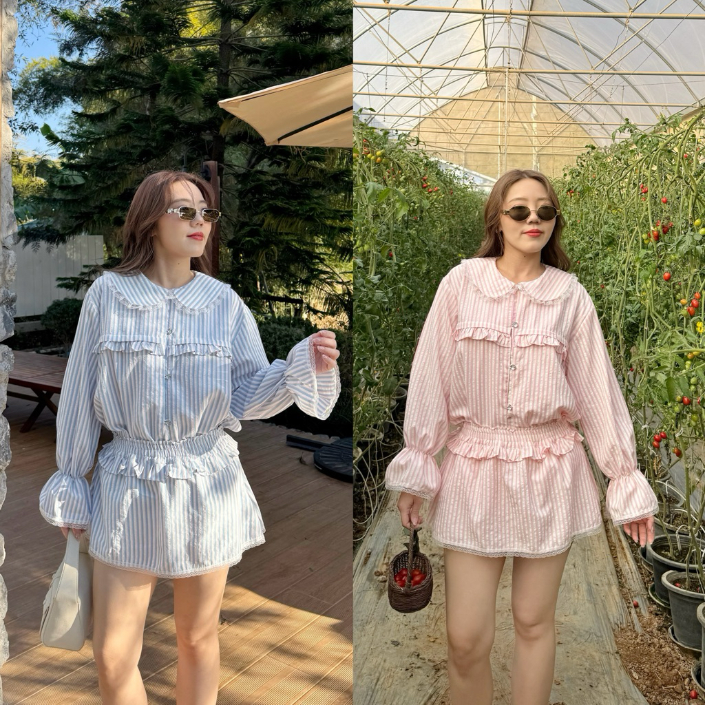 Charlotte Top *เฉพาะเสื้อ* (เฉพาะสี White Stripe รอ 10 วัน) เสื้อแขนยาวคอปกบัวแต่งขอบลูกไม้ จั๊มข้อมือ