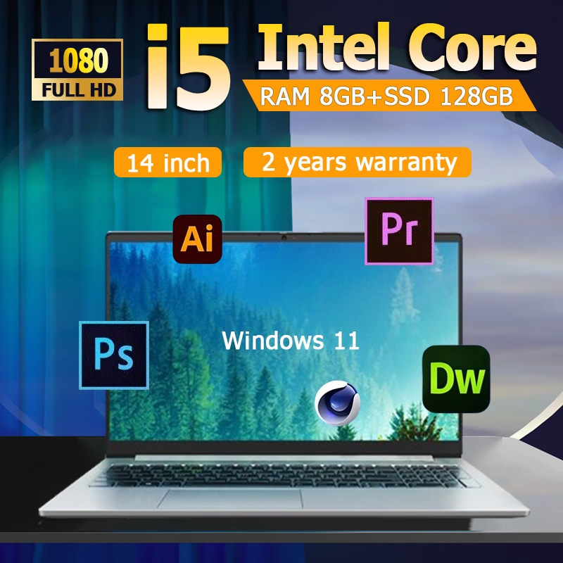 14 นิ้ว Core i5 แล็ปท็อปประสิทธิภาพสูงที่ติดตั้งไว้ล่วงหน้าของแท้ Win11 + MS office 8GB RAM + 128GB 