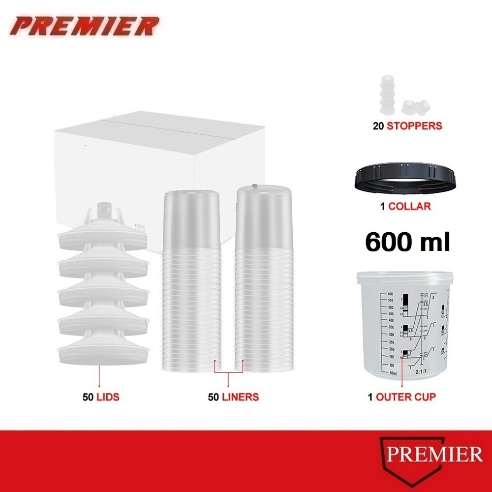 ถ้วยไลเนอร์พ่นสีขนาดมาตรฐาน 600ml หรือ 180ml (50ea/kt) PAINT PREPARATION STD KIT 190mic ถ้วยแข็ง พร้อมฝา 1ชุด ถุงผสมสี