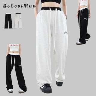 💥BecoolMan💥สไตล์สตรีทอเมริกัน กางเกงวอร์มขาตรง เอวสูงตัดต่อส…