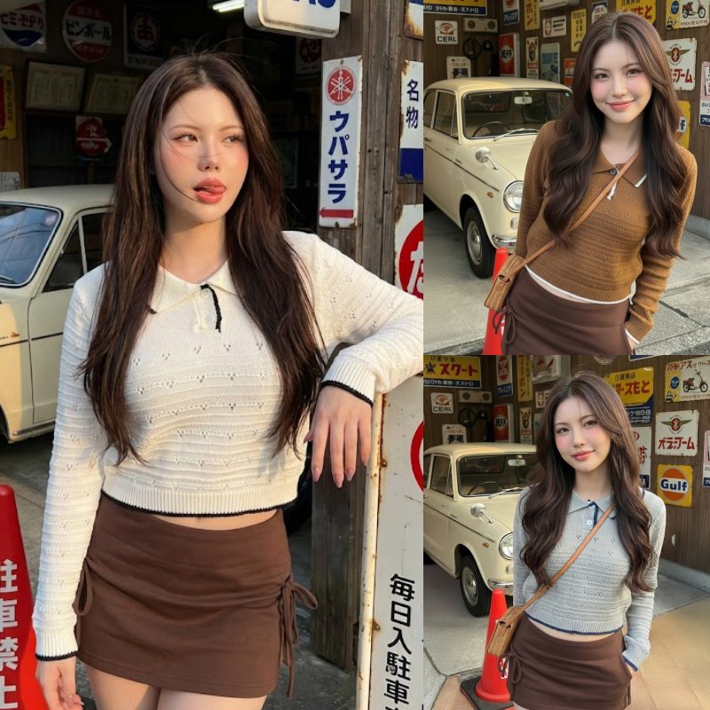 🌈SpinnyHouse🌈เสื้อแขนยาว ผ้าไหมพรม ทอลายฉลุ พร้อมส่ง ทรงคอปกโปโล สไตล์เกาหลี รุ่น เลือกตั้ง