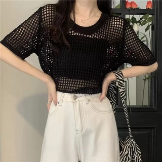 เสื้อถักแขนสั้นสไตล์เกาหลีสำหรับผู้หญิง ดีไซน์โปร่งบางเบา เหมาะสำหรับฤดูร้อน เสื้อคลุมคอกลม ดีไซน์เรียบง่าย