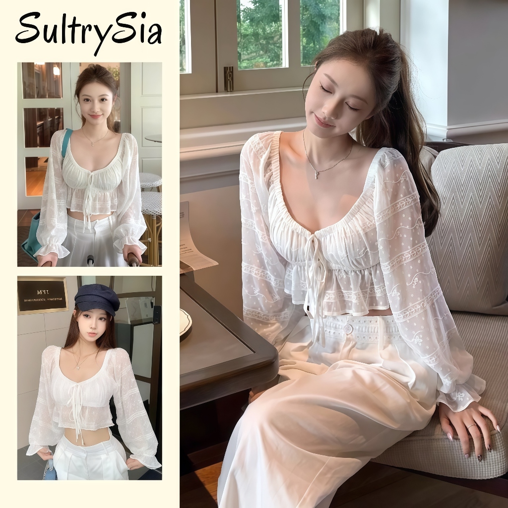 SultrySia เสื้อเชิ้ตแขนยาวลูกไม้ผู้หญิง สีขาว ลายโปร่ง เนื้อผ้าบางเบา รุ่นหลวม-FY1164