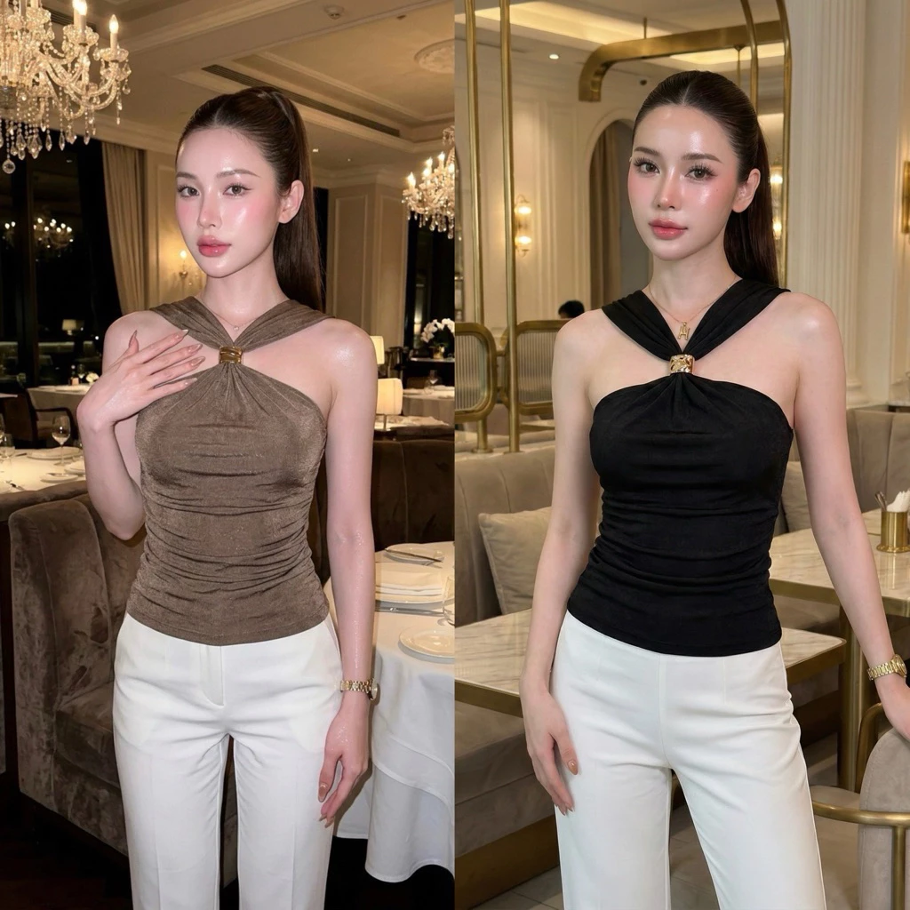 เสื้อแขนกุด ดีไซน์แต่งอะไหล่ทองช่วงคอด้านหน้า ใส่แมชท์ง่าย