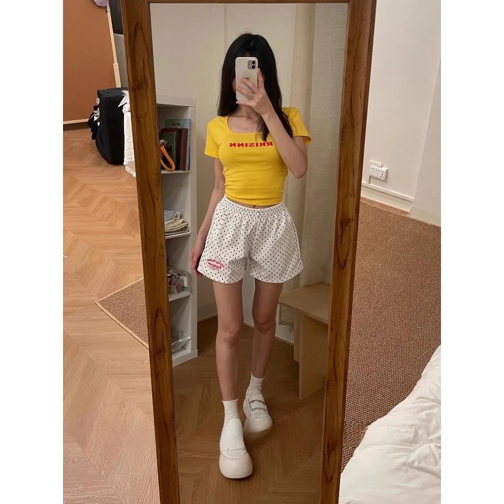 กางเกงขาสั้นลายจุดสีขาวเอวสูง ทรงเอไลน์ ทรงขากว้าง สำหรับผู้หญิง thumbnail 6
