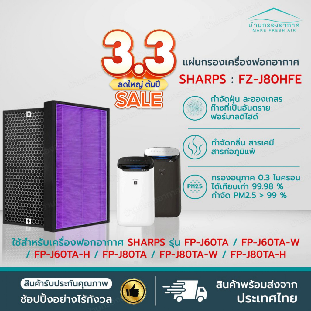 แผ่นกรองอากาศ SHARP FZ-J80HFE สำหรับ เครื่องฟอก รุ่น FP-J80TA, FP-J60TA, FP-J80TA-W, FP-J60TA-W, FP-