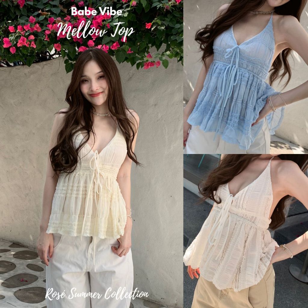 เสื้อสายเดี่ยวคล้องคอผูกได้ Mellow Top Babe Vibe | เสื้อผู้หญิงผ้าร่องระบาย เว้าคอ ใส่เที่ยวทะเล คาเฟ่ ลุคคุณหนูซัมเมอร์