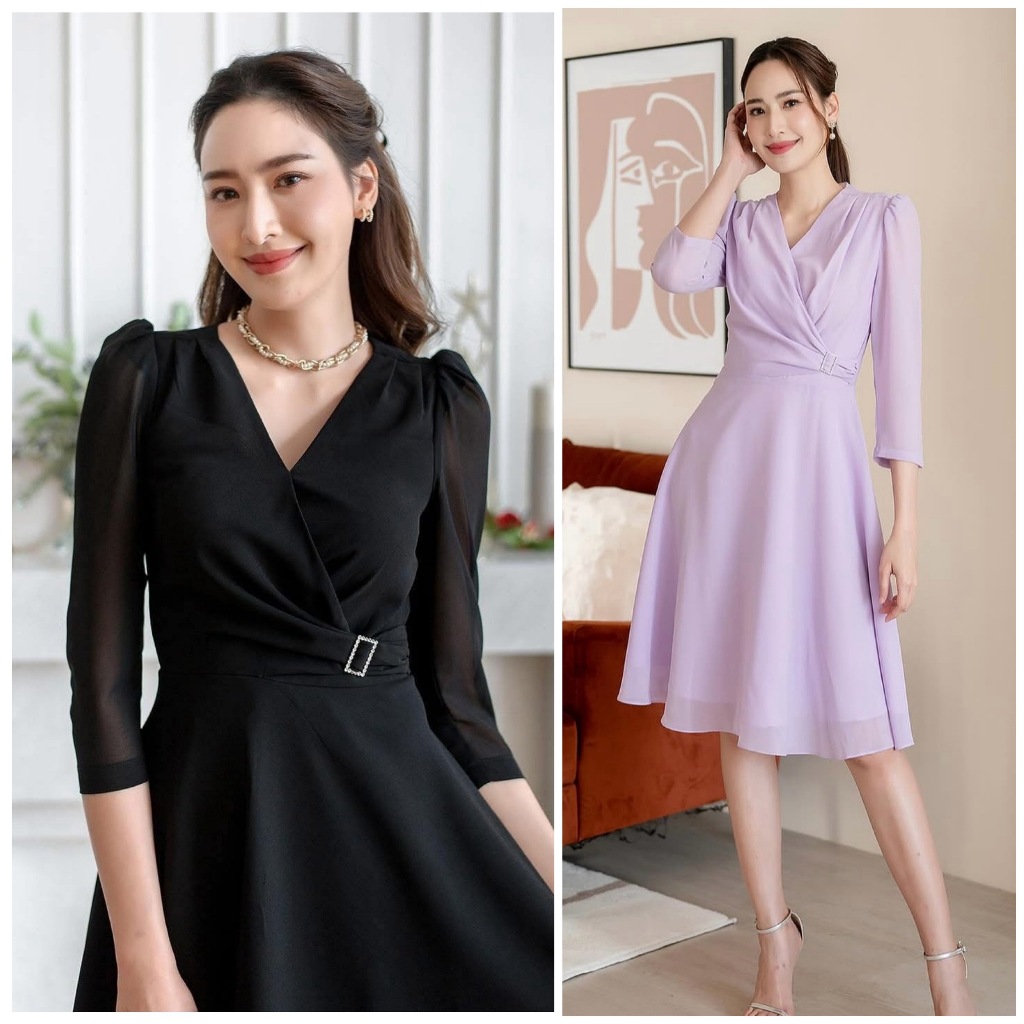 PD106 Chiffon Sunshine Dress เดรสผ้าชีฟอง คอวีป้าย แต่งเพชร กระโปรงบานย้วย