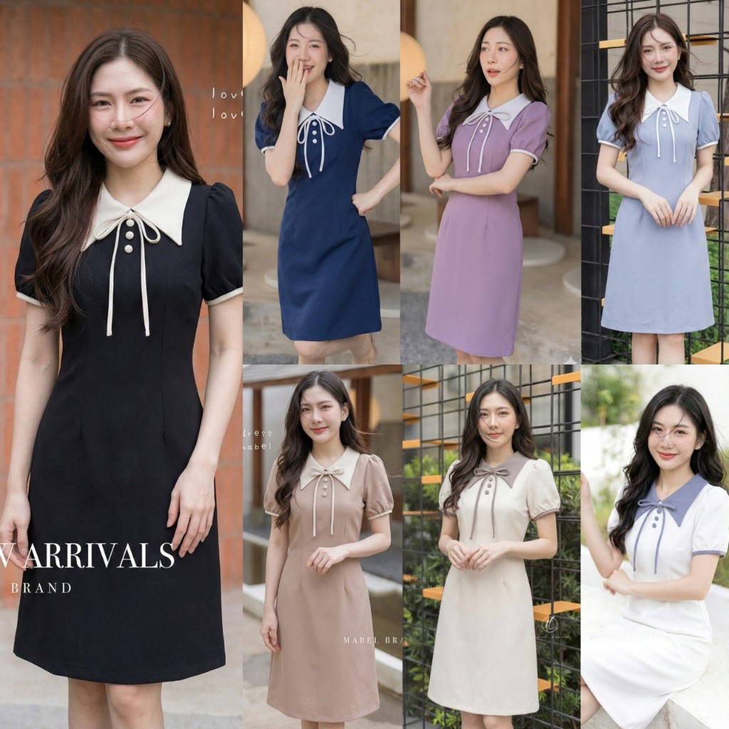 Z03 เดรสคอปก ผ้าเปเป้ อัดกาว แขนตุ้กตา ทรงA ยาว38