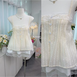 เสื้อสายเดี่ยว ผ้าโรซี่พิมพ์ลายแต่งลูกไม้ โทนหวานละมุนมาก Melina Lace Top